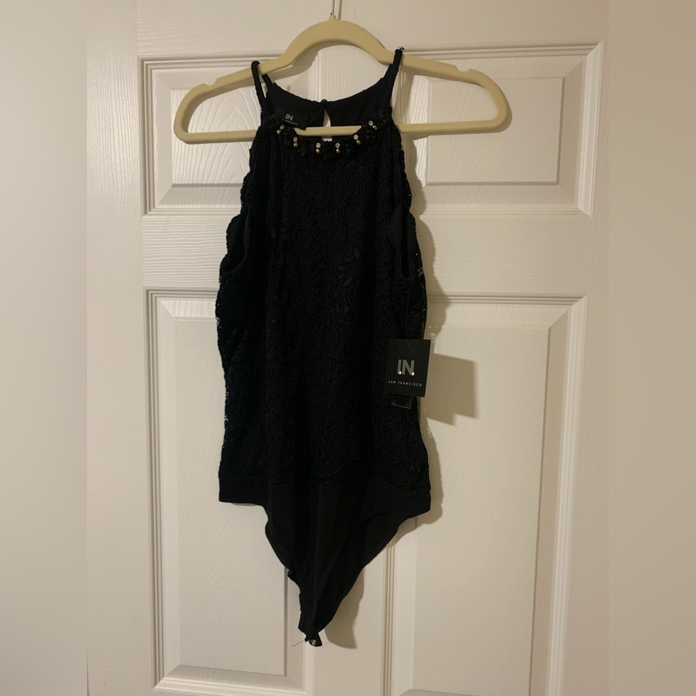 I.N San Francisco Black Beaded Neckline Lace Bodysuit XL Elegant Romantic Dressy